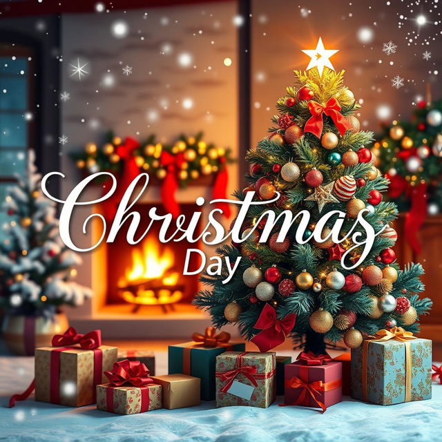A festive Christmas presentation image featuring the words "Christmas Day" in elegant lettering