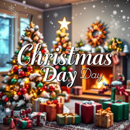 A festive Christmas presentation image featuring the words "Christmas Day" in elegant lettering