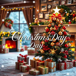 A festive Christmas presentation image featuring the words "Christmas Day" in elegant lettering