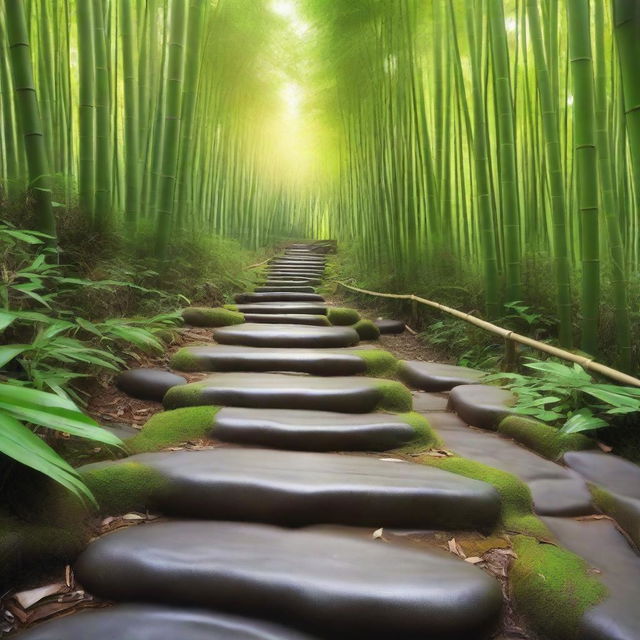 A highly realistic, top-quality photograph showcasing a series of separate, light-colored stepping stones, descending down a mountain trail surrounded by a lush, green bamboo forest