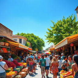 A vibrant street market scene, bursting with color and life, featuring various market stalls selling fresh produce, exotic fruits, and handmade crafts