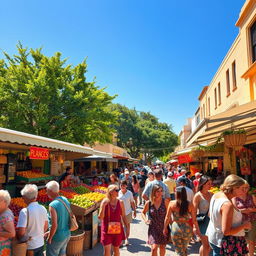 A vibrant street market scene, bursting with color and life, featuring various market stalls selling fresh produce, exotic fruits, and handmade crafts