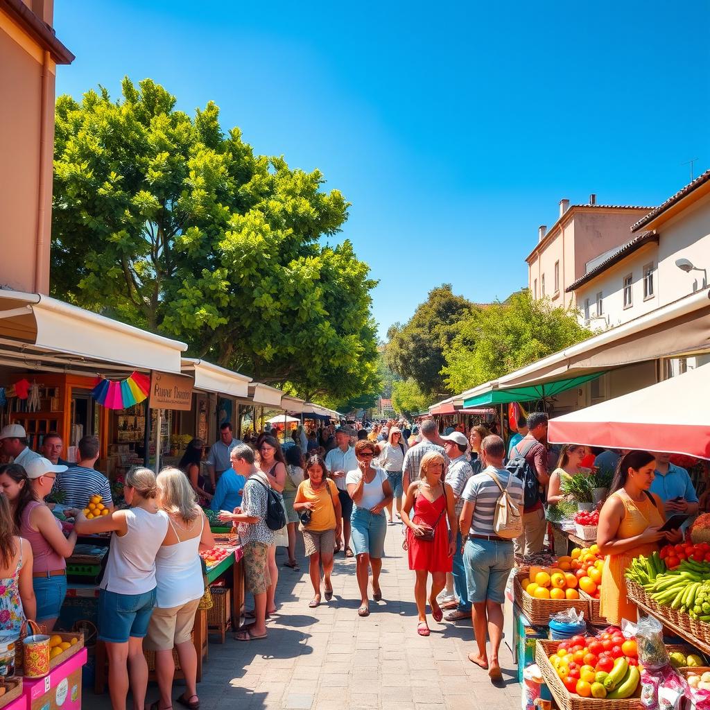 A vibrant street market scene, bursting with color and life, featuring various market stalls selling fresh produce, exotic fruits, and handmade crafts