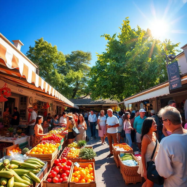 A vibrant street market scene, bursting with color and life, featuring various market stalls selling fresh produce, exotic fruits, and handmade crafts