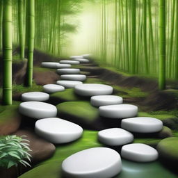 A photorealistic, high-quality image showcasing a series of separate, bright white stepping stones, descending down a mountain trail surrounded by a lush, green bamboo forest