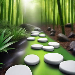 A photorealistic, high-quality image showcasing a series of separate, bright white stepping stones, descending down a mountain trail surrounded by a lush, green bamboo forest