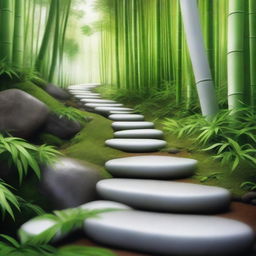 A photorealistic, high-quality image showcasing a series of separate, bright white stepping stones, descending down a mountain trail surrounded by a lush, green bamboo forest