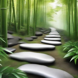 A photorealistic, high-quality image showcasing a series of separate, bright white stepping stones, descending down a mountain trail surrounded by a lush, green bamboo forest