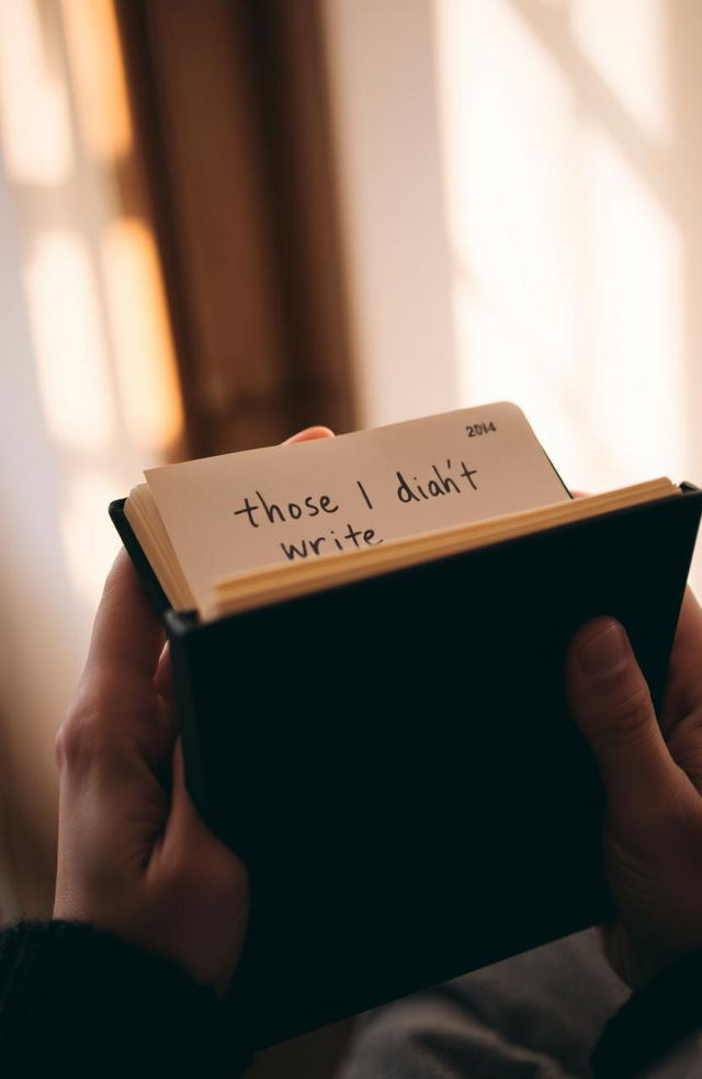 A close-up of a pair of hands gently holding a black diary with a textured cover