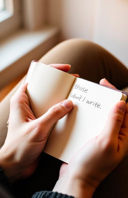 A close-up of a pair of hands gently holding a black diary with a textured cover