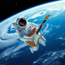 An astronaut floating in space, wearing a sleek, modern space suit, skillfully playing an electric guitar