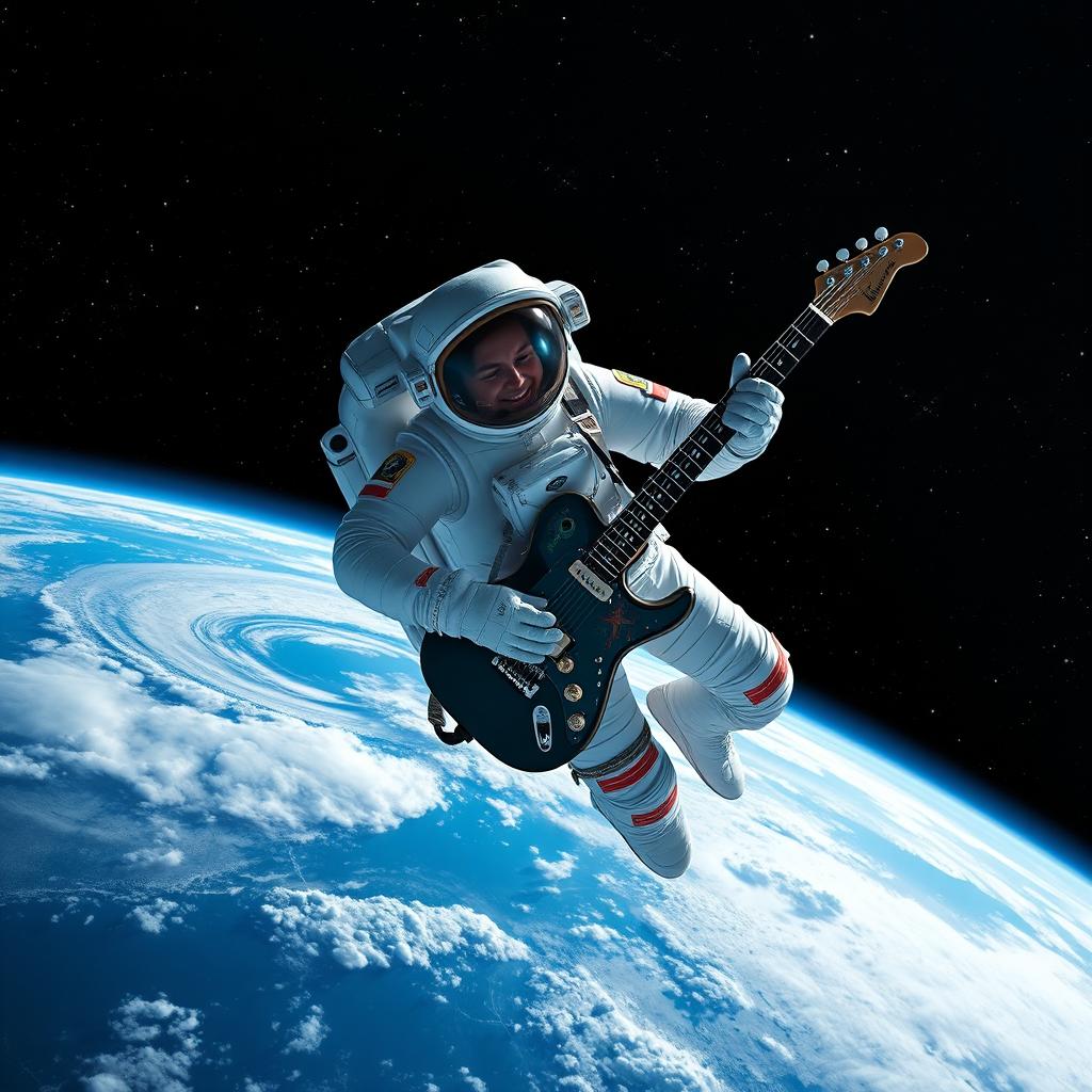 An astronaut floating in space, wearing a sleek, modern space suit, skillfully playing an electric guitar