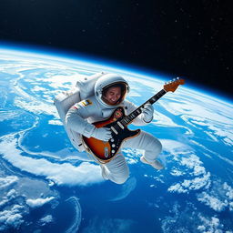 An astronaut floating in space, wearing a sleek, modern space suit, skillfully playing an electric guitar