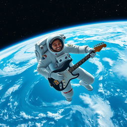 An astronaut floating in space, wearing a sleek, modern space suit, skillfully playing an electric guitar