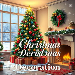 A beautifully decorated Christmas scene featuring a magnificent Christmas tree adorned with colorful ornaments, twinkling lights, and a shining star on top