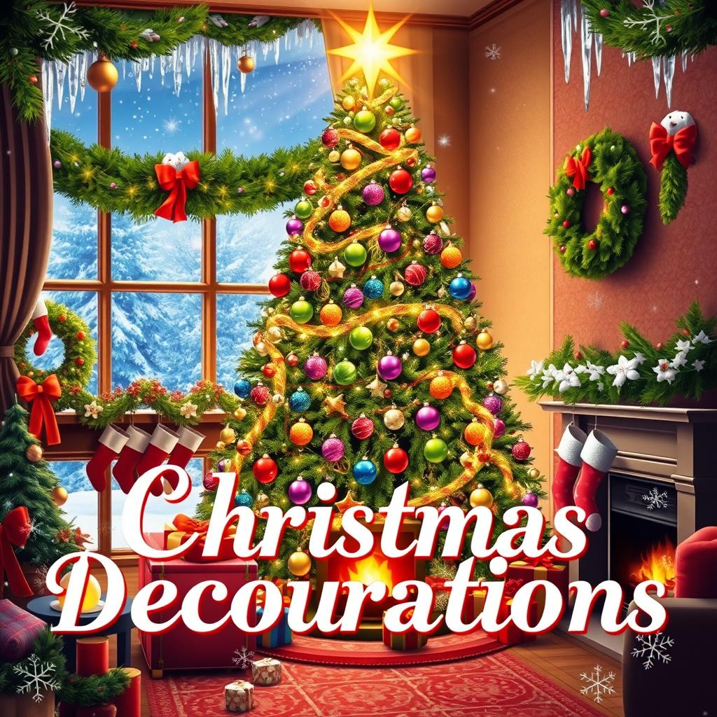 A beautifully decorated Christmas scene featuring a magnificent Christmas tree adorned with colorful ornaments, twinkling lights, and a shining star on top