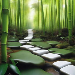 A hyper-realistic, high-quality photograph capturing a series of separate, bright white stepping stones descending down a mountain trail, surrounded by a dense, green bamboo forest