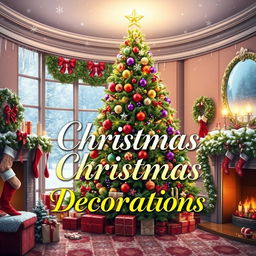 A beautifully decorated Christmas scene featuring a magnificent Christmas tree adorned with colorful ornaments, twinkling lights, and a shining star on top