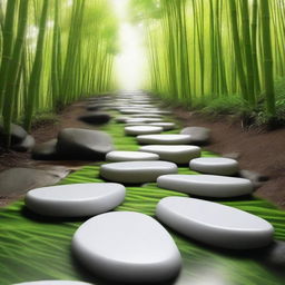 A hyper-realistic, high-quality photograph capturing a series of separate, bright white stepping stones descending down a mountain trail, surrounded by a dense, green bamboo forest