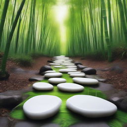 A hyper-realistic, high-quality photograph capturing a series of separate, bright white stepping stones descending down a mountain trail, surrounded by a dense, green bamboo forest