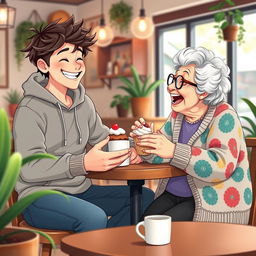 A heartwarming and playful scene depicting a college boy and an elderly woman sharing a warm, affectionate moment in a cozy café