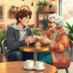 A heartwarming and playful scene depicting a college boy and an elderly woman sharing a warm, affectionate moment in a cozy café