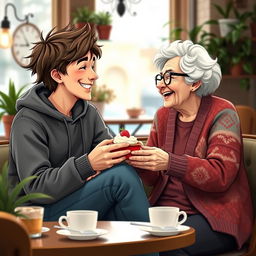 A heartwarming and playful scene depicting a college boy and an elderly woman sharing a warm, affectionate moment in a cozy café