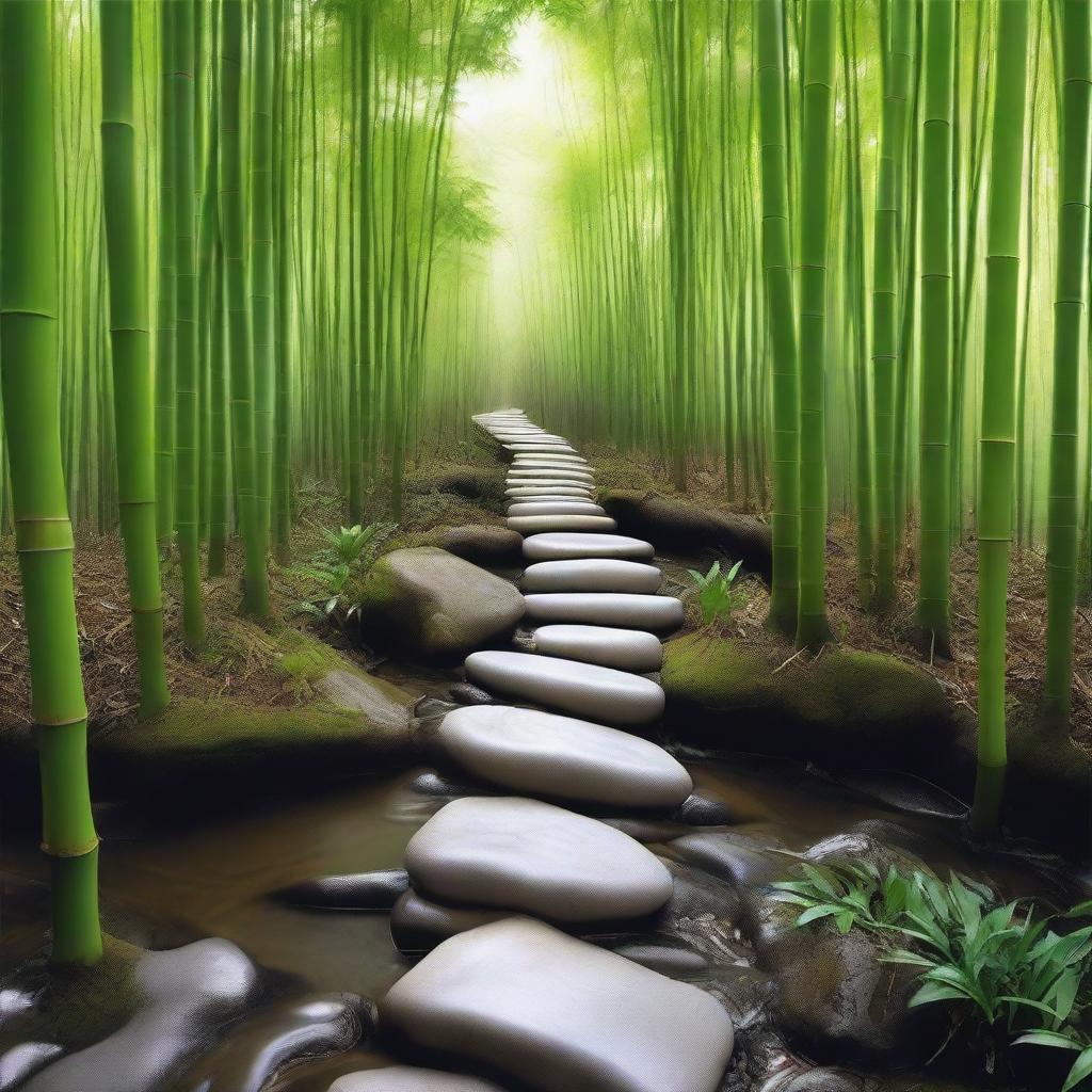 A hyper-realistic, high-quality photograph capturing a series of separate, bright white stepping stones descending down a mountain trail, surrounded by a dense, green bamboo forest