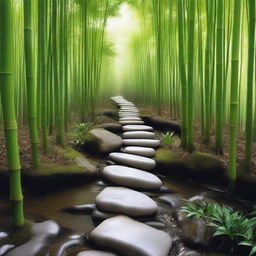 A hyper-realistic, high-quality photograph capturing a series of separate, bright white stepping stones descending down a mountain trail, surrounded by a dense, green bamboo forest