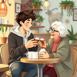 A heartwarming and playful scene depicting a college boy and an elderly woman sharing a warm, affectionate moment in a cozy café