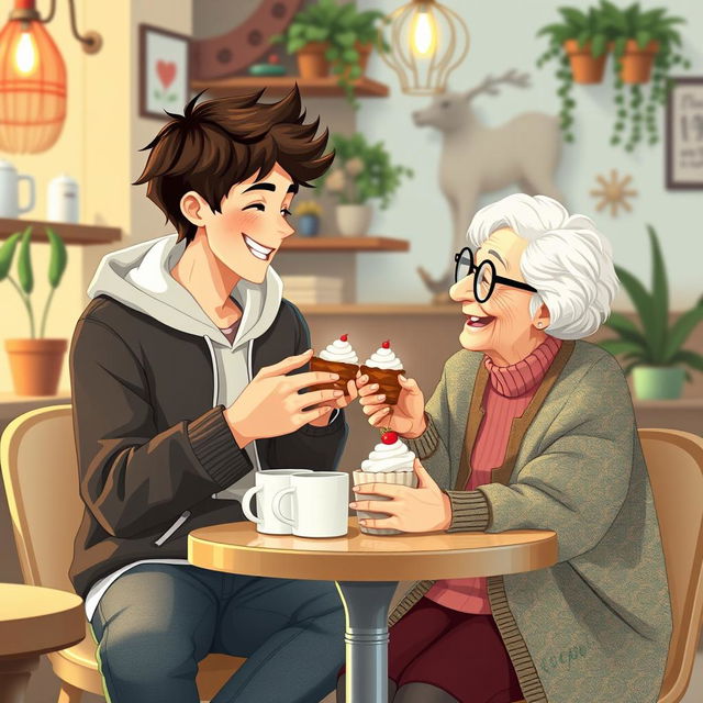 A heartwarming and playful scene depicting a college boy and an elderly woman sharing a warm, affectionate moment in a cozy café