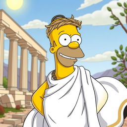 A whimsical and humorous portrayal of Homer Simpson dressed in an elegant, flowing Greek toga