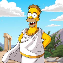 A whimsical and humorous portrayal of Homer Simpson dressed in an elegant, flowing Greek toga