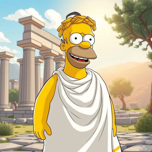 A whimsical and humorous portrayal of Homer Simpson dressed in an elegant, flowing Greek toga