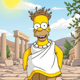 A whimsical and humorous portrayal of Homer Simpson dressed in an elegant, flowing Greek toga