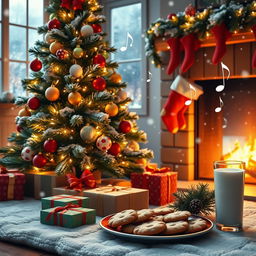 A cozy Christmas Day scene, with a beautifully decorated Christmas tree adorned with colorful ornaments and twinkling lights
