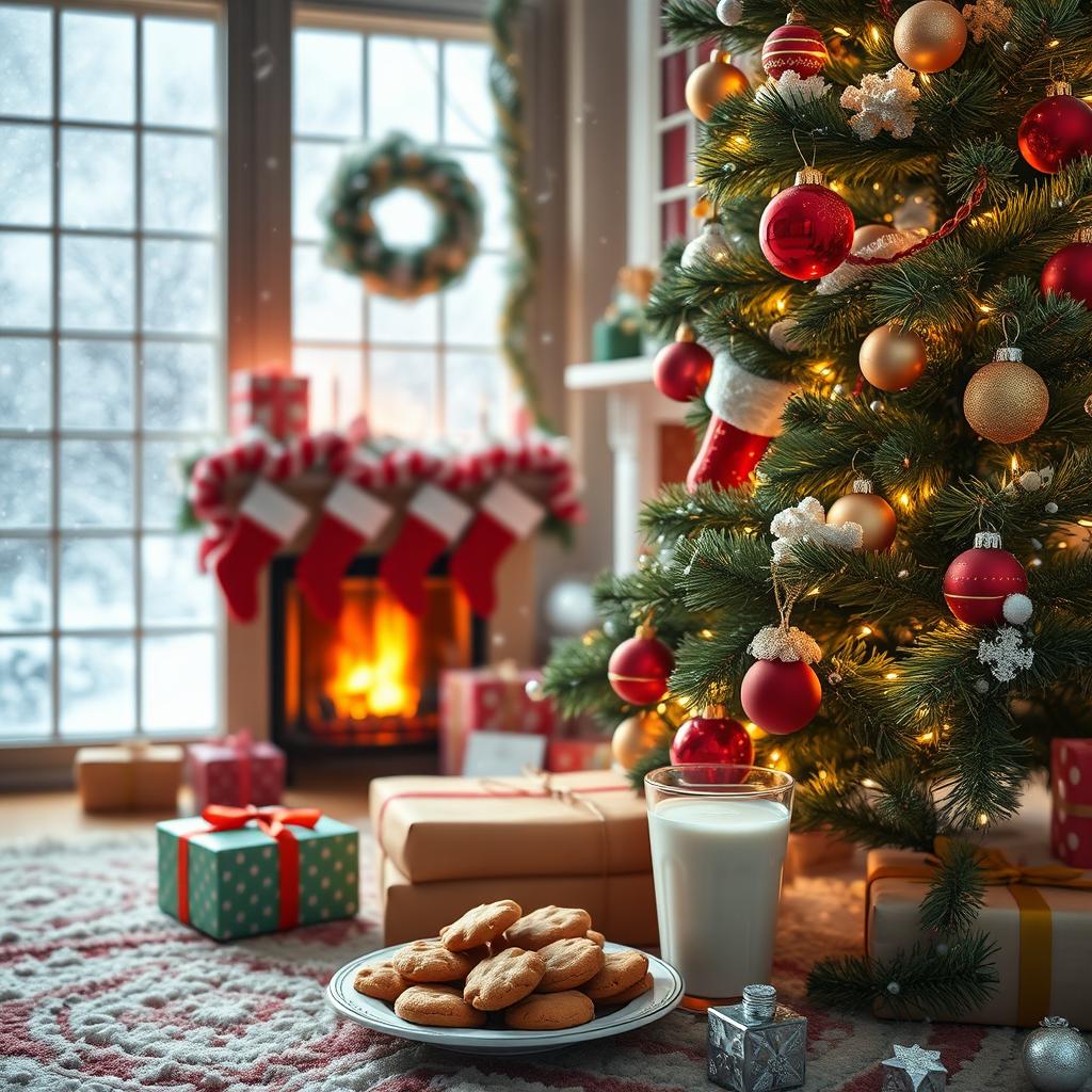 A cozy Christmas Day scene, with a beautifully decorated Christmas tree adorned with colorful ornaments and twinkling lights