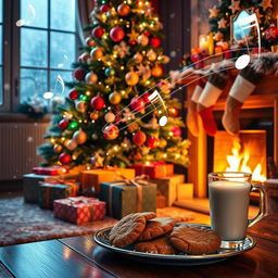 A cozy Christmas Day scene, with a beautifully decorated Christmas tree adorned with colorful ornaments and twinkling lights