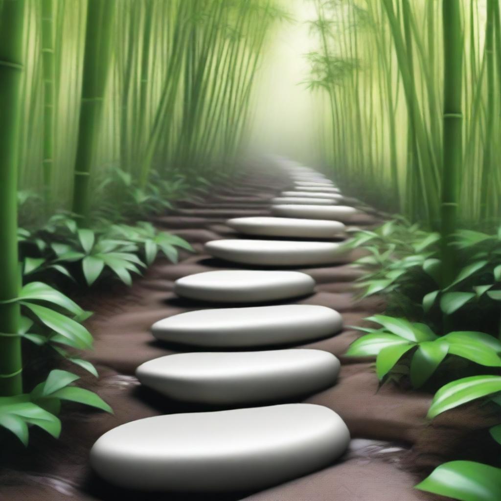 A photorealistic, high-quality image showcasing a series of separate, bright white stepping stones, partially embedded into the ground, descending down a mountain trail surrounded by a lush, green bamboo forest