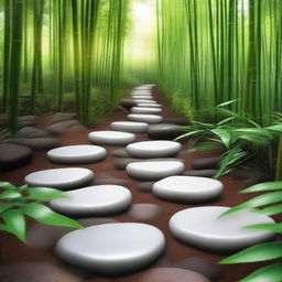 A photorealistic, high-quality image showcasing a series of separate, bright white stepping stones, partially embedded into the ground, descending down a mountain trail surrounded by a lush, green bamboo forest