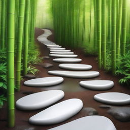 A photorealistic, high-quality image showcasing a series of separate, bright white stepping stones, partially embedded into the ground, descending down a mountain trail surrounded by a lush, green bamboo forest