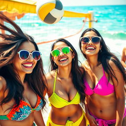 A group of three beautiful Indian women having fun at a vibrant beach party, wearing colorful bikinis and stylish sunglasses, with lively ocean waves in the background