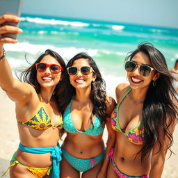 A group of three beautiful Indian women having fun at a vibrant beach party, wearing colorful bikinis and stylish sunglasses, with lively ocean waves in the background