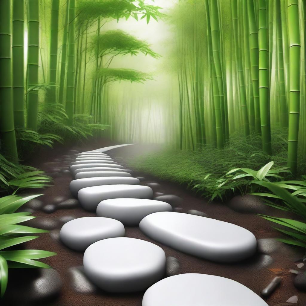 A photorealistic, high-quality image showcasing a series of separate, bright white stepping stones, partially embedded into the ground, descending down a mountain trail surrounded by a lush, green bamboo forest