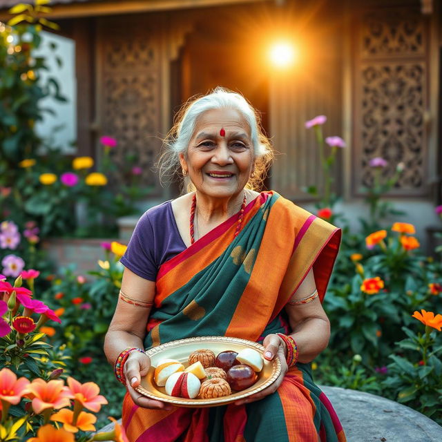 An elderly Indian woman, commonly referred to as a granny, wearing a colorful sari and a warm smile