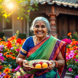 An elderly Indian woman, commonly referred to as a granny, wearing a colorful sari and a warm smile