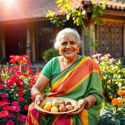 An elderly Indian woman, commonly referred to as a granny, wearing a colorful sari and a warm smile