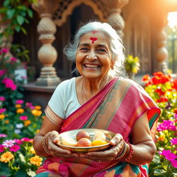 An elderly Indian woman, commonly referred to as a granny, wearing a colorful sari and a warm smile