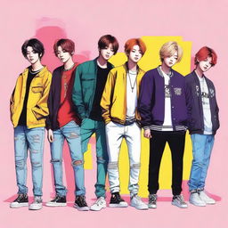 A vibrant, high-quality digital art image of the South Korean boy band, Stray Kids