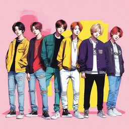 A vibrant, high-quality digital art image of the South Korean boy band, Stray Kids